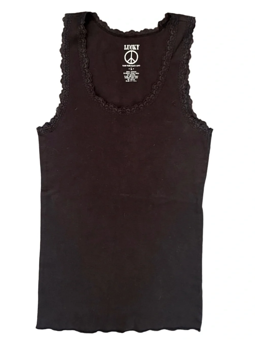 Vintage Lucky Brand Peace & Love Floral Plum Blossom Black Tank Lace Trim Size L - Picture 2 of 6